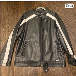 Men's Black Leather Bomber Jacket with White Racing Stripes